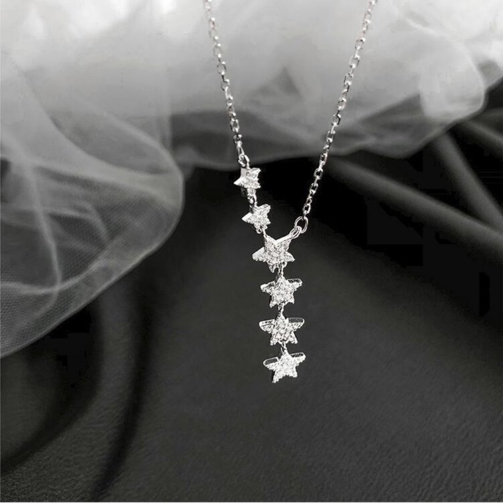 NEW 925 Sterling Silver Diamond Star Drop Necklace - Picture 11 of 11